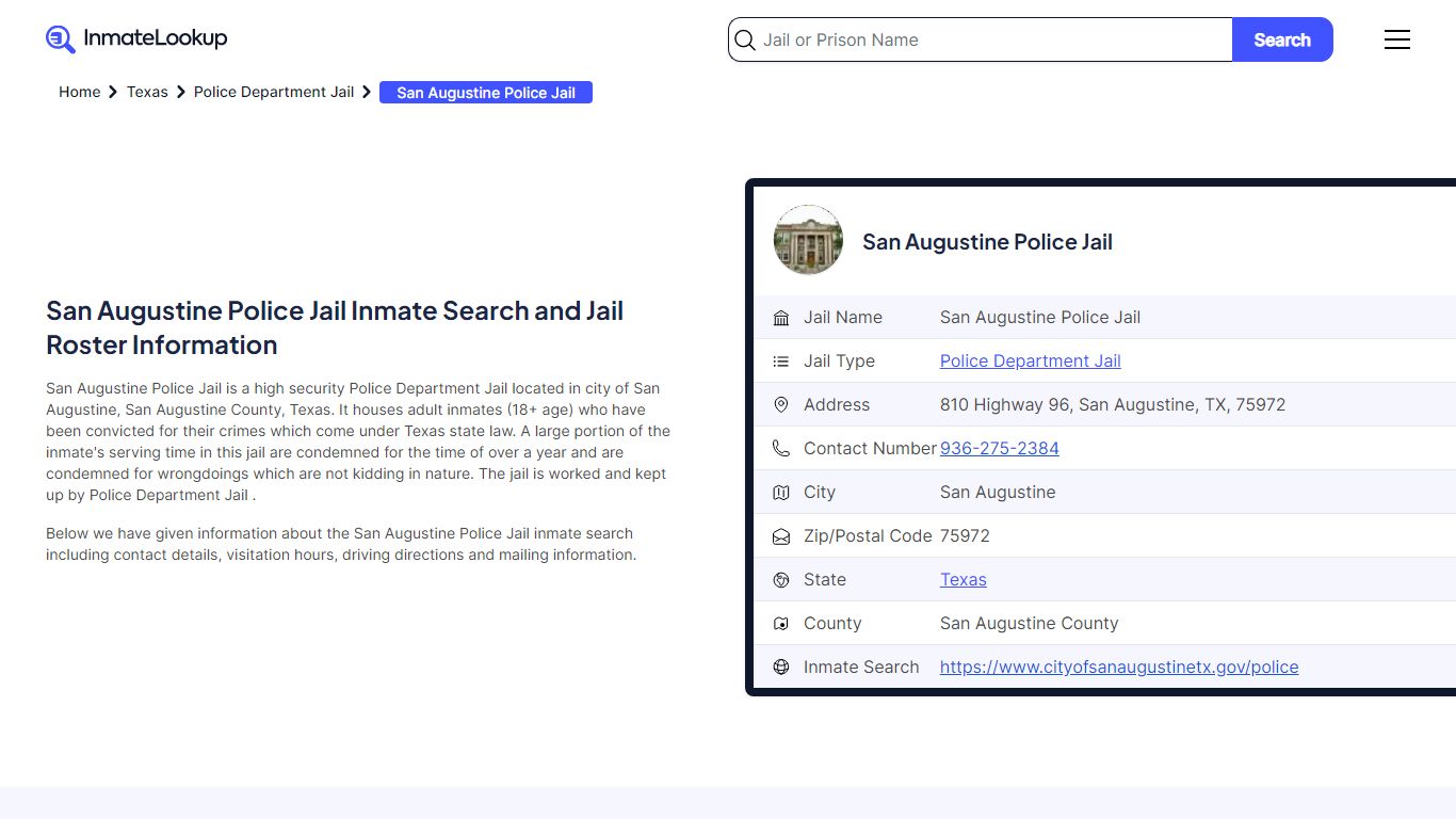San Augustine Police Jail (TX) Inmate Search Texas - Inmate Lookup